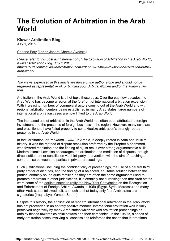 the evolution of arbitration in the arab world