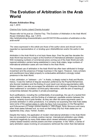 The Evolution of Arbitration in the Arab  World  Kluwer Arbitration Blog  July 1, 2015  Cherine