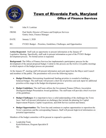Town of Riverdale Park, Maryland  Office of Finance Services  TO:  John N. Lestitian  FROM:  Paul