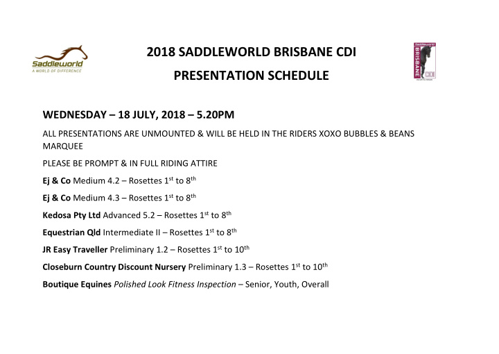 2018 saddleworld brisbane cdi presentation schedule