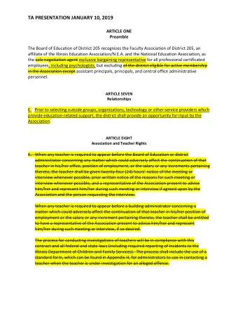 TA PRESENTATION JANUARY 10, 2019  ARTICLE ONE  Preamble  The Board of Education of District 205