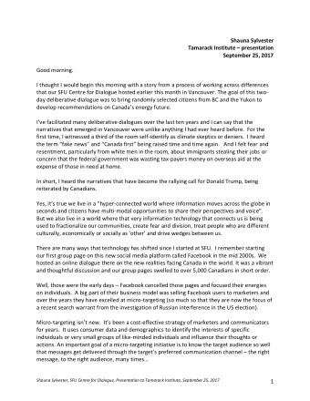 Shauna Sylvester Tamarack Institute  presentation  September 25, 2017  Good morning.  I thought