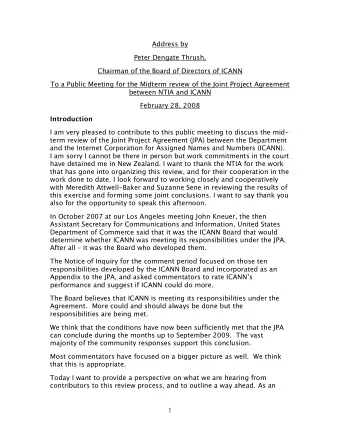 Address by  Peter Dengate Thrush,  Chairman of the Board of Directors of ICANN  To a Public Meeting