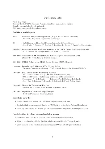 Curriculum Vit  Julien Lesgourgues  Born on the 08.07.1972, Swiss and French nationalities,