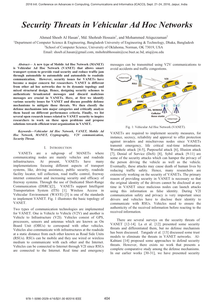 security threats in vehicular ad hoc networks