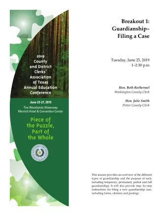 Piece of  the Puzzle,  Part of  the Whole  This session provides an overview of the different