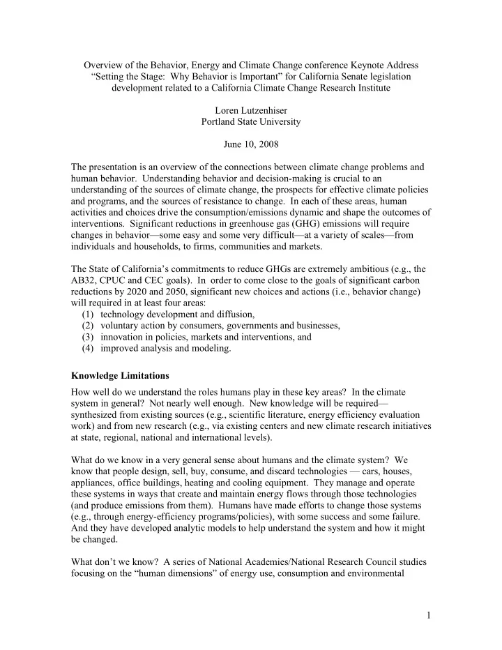 overview of the behavior energy and climate change