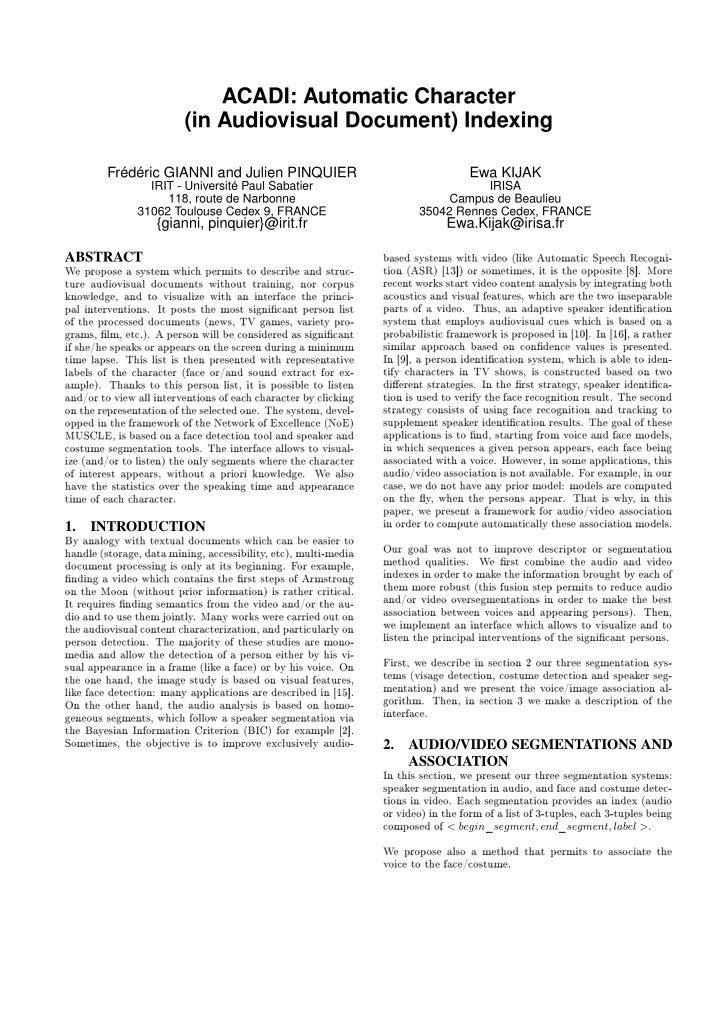 acadi automatic character in audiovisual document indexing