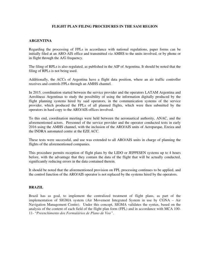 flight plan filing procedures in the sam region argentina