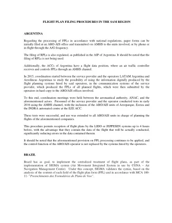 FLIGHT PLAN FILING PROCEDURES IN THE SAM REGION  ARGENTINA  Regarding the processing of FPLs in