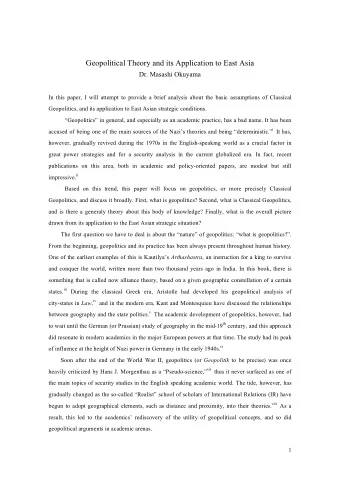 Geopolitical Theory and its Application to East Asia  Dr. Masashi Okuyama  In this paper, I will