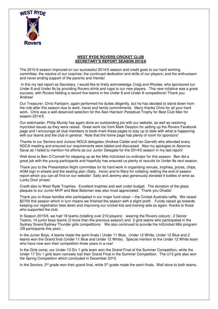 west ryde rovers cricket club secretary s report season