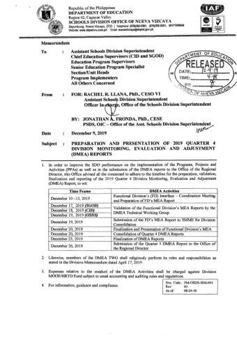 Memorandum  Assistant Schools Division Superintendent  To  Chief  Education Supervisors (CID and