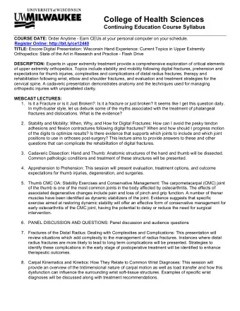 College of Health Sciences  Continuing Education Course Syllabus COURSE DATE: Order Anytime - Earn