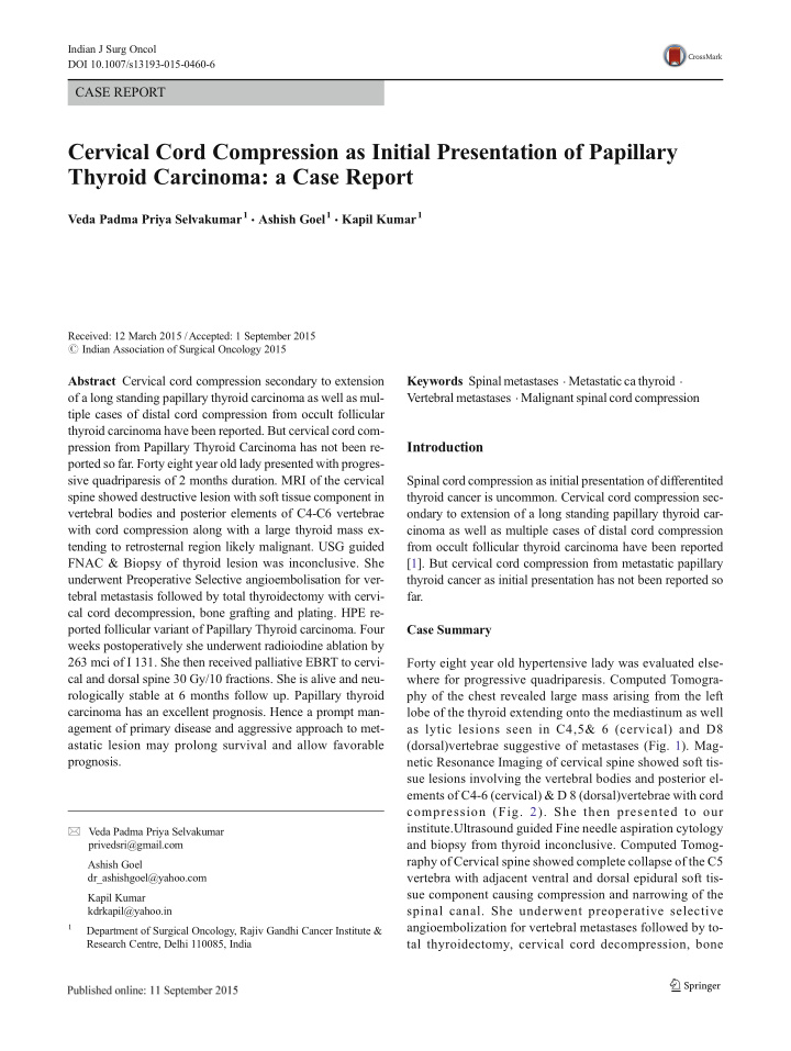 cervical cord compression as initial presentation of