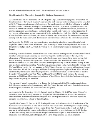 Council Presentation October 15, 2012  Enforcement of Curb side violators  Good Evening City