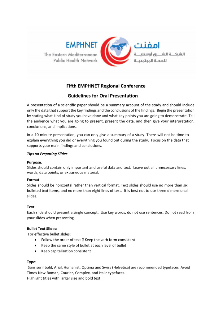 fifth emphnet regional conference guidelines for oral