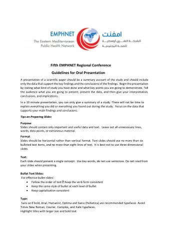 Fifth EMPHNET Regional Conference Guidelines for Oral Presentation  A presentation of a scientific
