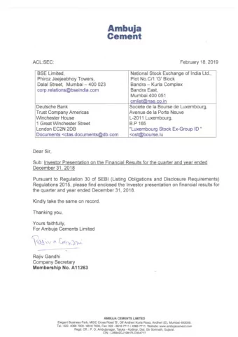 Ambuja  Cement  ACL:SEC: February 18, 2019  BSE Limited,  National Stock Exchange of India Ltd.,