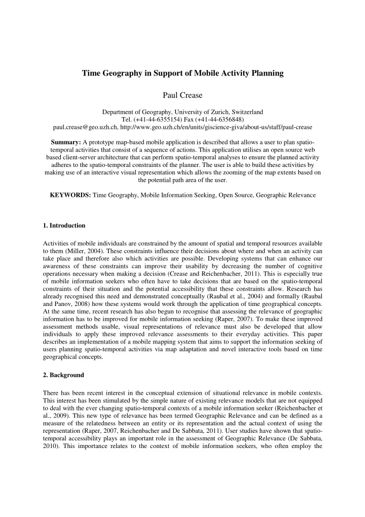 time geography in support of mobile activity planning