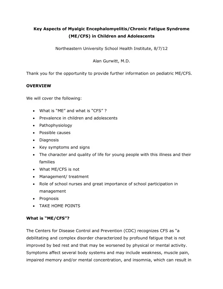 key aspects of myalgic encephalomyelitis chronic fatigue