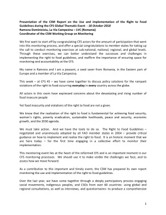 Presentation of the CSM Report on the Use and implementation of the Right to Food Guidelines during