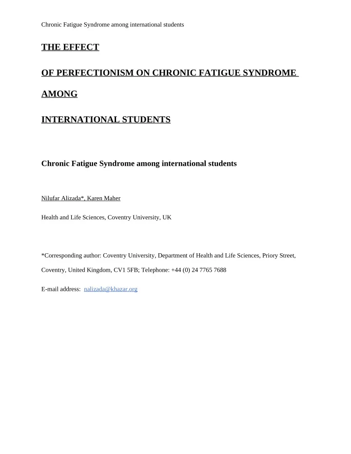 the effect of perfectionism on chronic fatigue syndrome