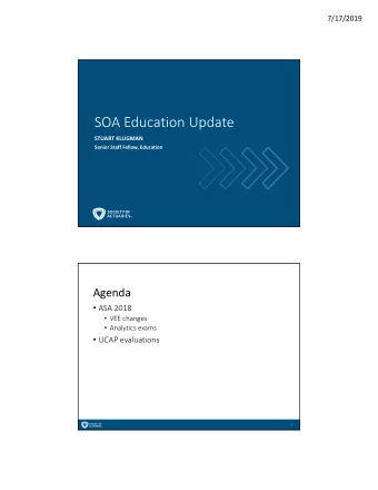 SOA Education Update  STUART KLUGMAN  Senior Staff Fellow, Education  Agenda  ASA 2018  VEE