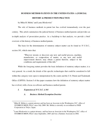 BUSINESS METHOD PATENTS IN THE UNITED STATES: A JUDICIAL  HISTORY &amp; PROSECUTION PRACTICE by