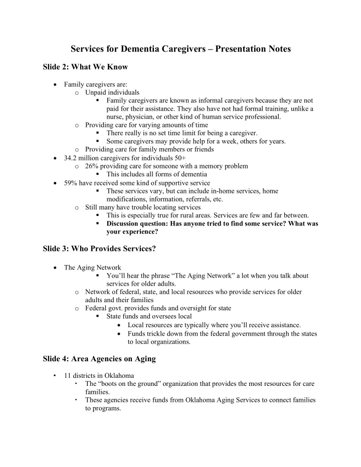 services for dementia caregivers presentation notes
