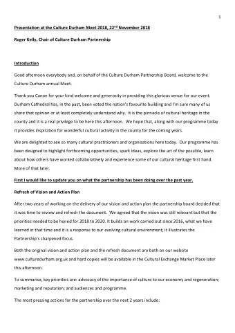 Presentation at the Culture Durham Meet 2018, 22 nd November 2018  Roger Kelly, Chair of Culture