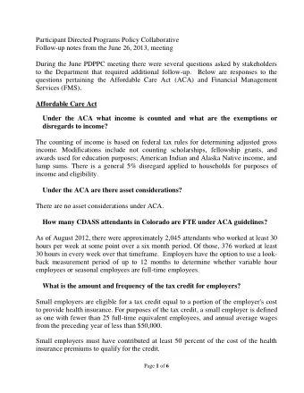 Participant Directed Programs Policy Collaborative  Follow-up notes from the June 26, 2013, meeting