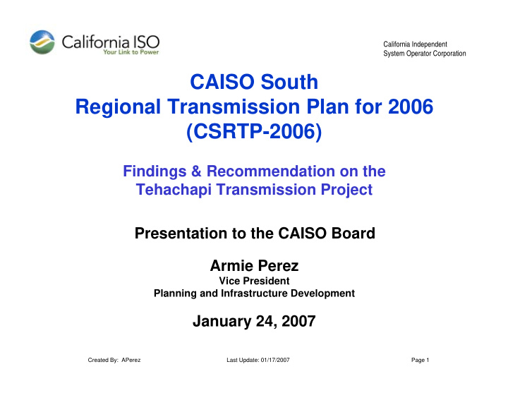 caiso south regional transmission plan for 2006 csrtp 2006