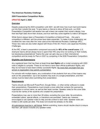 The American Rocketry Challenge  2020 Presentation Competition Rules  UPDATED April 3, 2020