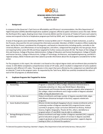 BOWLING GREEN STATE UNIVERSITY  Duplicate Programs  April 19, 2017 I.  Background  In response to