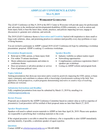 ADDP LEAD! CONFERENCE &amp; EXPO M AY 9, 2019 W ORKSHOP G UIDELINES The LEAD! Conference on May 9,