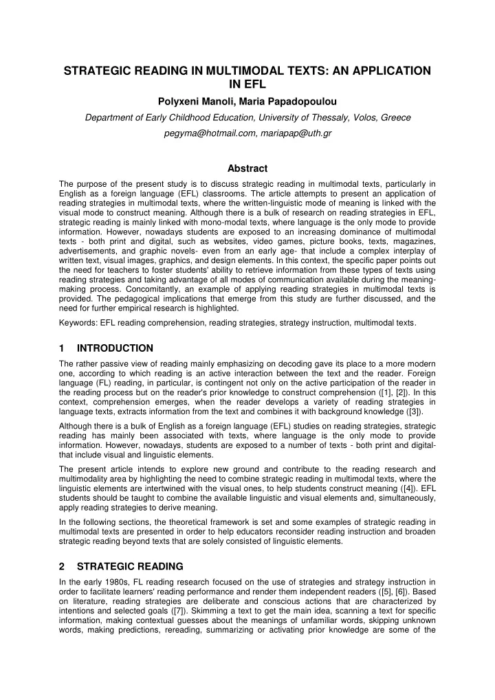 strategic reading in multimodal texts an application in