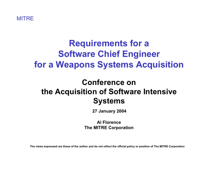 requirements for a software chief engineer for a weapons