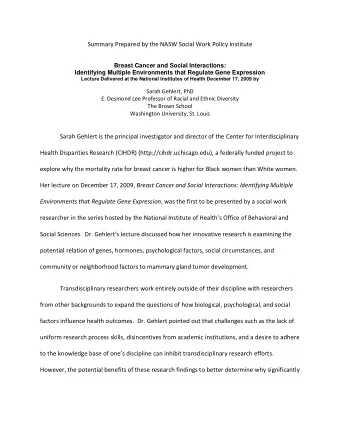 Summary Prepared by the NASW Social Work Policy Institute  Breast Cancer and Social Interactions: