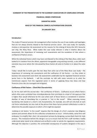 SUMMARY OF THE PRESENTATION TO THE GUERNSEY ASSOCIATION OF COMPLIANCE OFFICERS  FINANCIAL CRIMES