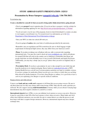 STUDY ABROAD SAFETY PRESENTATION- 3/25/13  Presentation by Bruce Sanspree (sanspeb@wfu.edu /