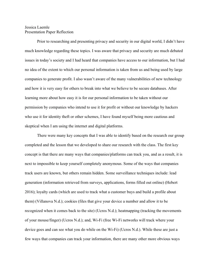 jessica laemle presentation paper reflection prior to