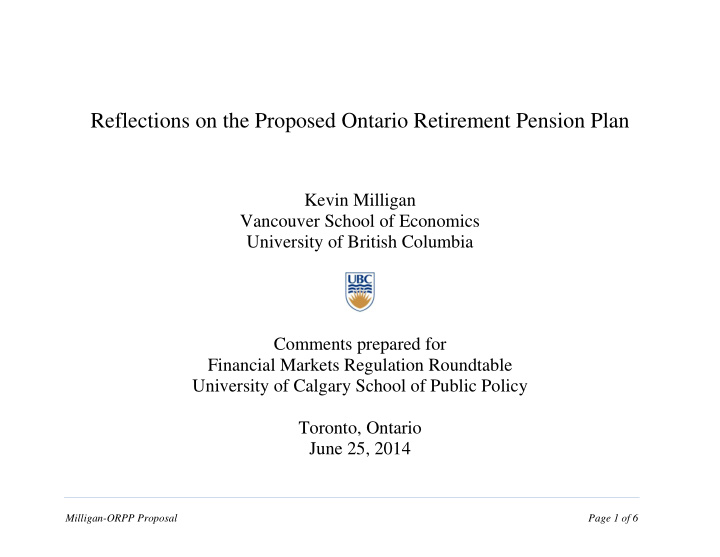reflections on the proposed ontario retirement pension
