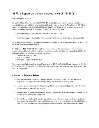 JIG Final Report on Universal Acceptance of IDN TLDs Date: November 15, 2013 This is a Final Report
