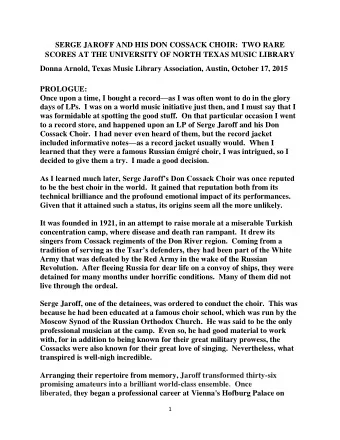 Donna Arnold, Texas Music Library Association, Austin, October 17, 2015 PROLOGUE: Once upon a time,