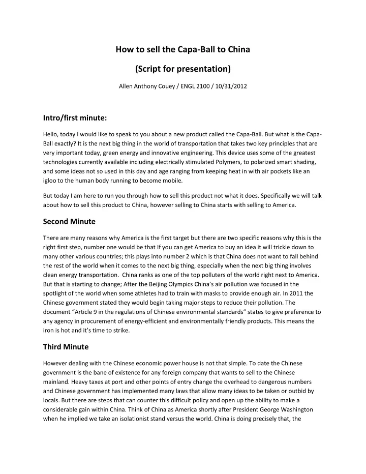 how to sell the capa ball to china script for presentation