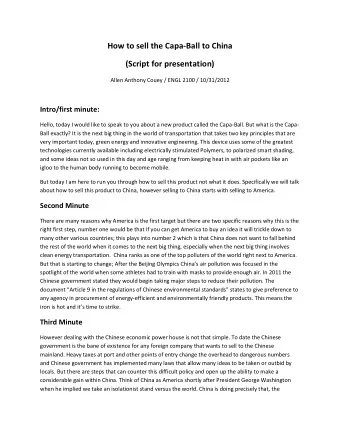 How to sell the Capa-Ball to China  (Script for presentation)  Allen Anthony Couey / ENGL 2100 /