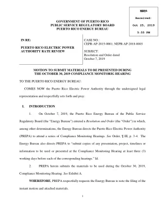 GOVERNMENT OF PUERTO RICO  PUBLIC SERVICE REGULATORY BOARD  Oct 25, 2019 PUERTO RICO ENERGY BUREAU