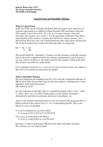 Logical Form and Quantifier Raising  What is Logical Form  In the late 1970s, Noam Chomsky and