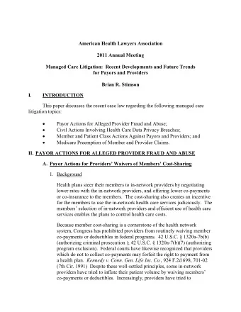 American Health Lawyers Association  2011 Annual Meeting  Managed Care Litigation: Recent
